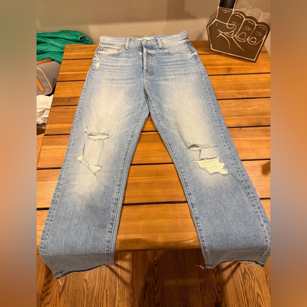 MOTHER Size 27 High Waister Hiker Light Blue Distressed Straight Leg Jeans